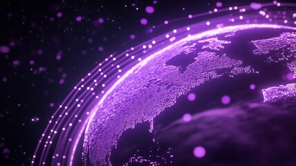 A glowing satellite orbiting Earth with neon data streams and vibrant colors