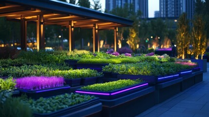 Obraz premium Urban Rooftop Farm at Night Illuminated Microgreens and Herbs Growing in Modern Planters