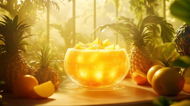 A vibrant fruit bowl filled with tropical fruits, surrounded by lush greenery, radiating warmth and freshness