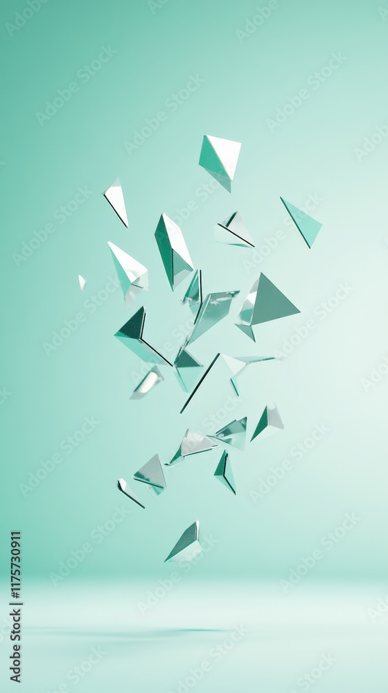 Poster Levitating metallic triangles of varying sizes float gracefully against a vibrant turquoise background, forming a captivating abstract composition that exudes modern elegance and sophistication