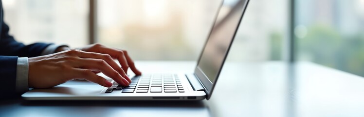 Businesswoman types on laptop keyboard in office. Focused female worker uses computer. Hands work on laptop. Modern workspace with copy space. Professional working environment. Modern tech in action.