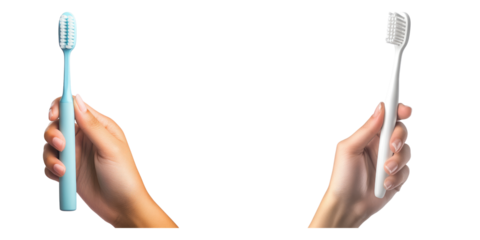 Dental hygiene hand holding toothbrush isolated on transparent background, Set of