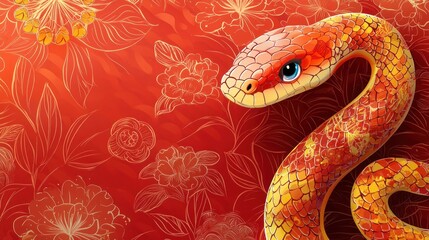 Fototapeta premium Vibrant Illustration of a Colorful Snake Surrounded by Floral Patterns on a Red Background, Ideal for Nature and Wildlife Themes