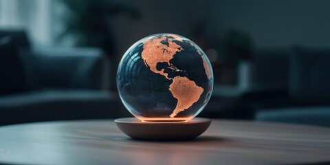 Corporate sustainability initiatives with a glowing earth hologram in a modern office environment