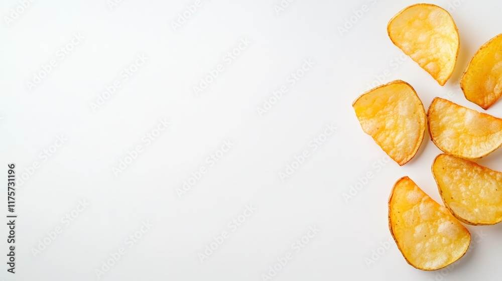 Poster six delicious golden potato chips are seemingly falling onto a pristine white background, creating a