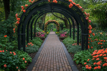 Obraz premium Flower covered archway leads to a brick garden path