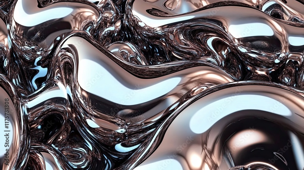 Poster melted chrome creates an abstract display of flowing liquid metal forms reflecting light