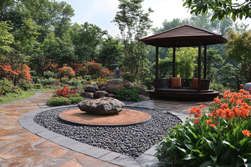 Obraz premium Serene Garden Oasis Featuring Gazebo and Stone Pathway
