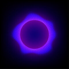 A glowing abstract black background with blue and violet circular patterns and bright energy elements. Technology and AI concept.