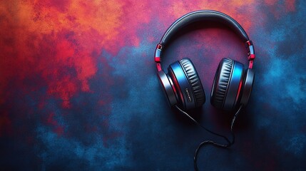 Immersive Soundscape: Blue Headphones on a Vibrant Red and Blue Background