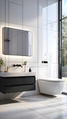 Modern contemporary bathroom interior with toilet, Sink and Mirror Minimalist Clean Apartment Hotel House Plumbing Hygiene Real Estate Architecture