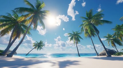 Fototapeta premium A tropical paradise with palm trees swaying in the breeze on a sunny day 