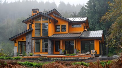 Fototapeta premium Sustainable Cabin Nestled in Serene Forest Landscape Showcasing the Beauty and Efficiency of Eco Friendly Construction
