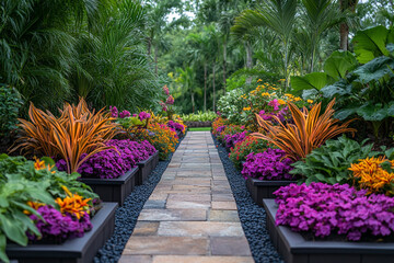 Vibrant Tropical Garden Path Flowers Planters