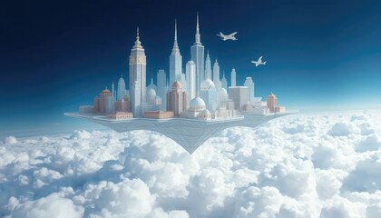 Floating city, clouds, aerial view, futuristic cityscape