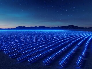 Fototapeta premium A glowing solar farm at night, featuring rows of blue solar panels under starry sky