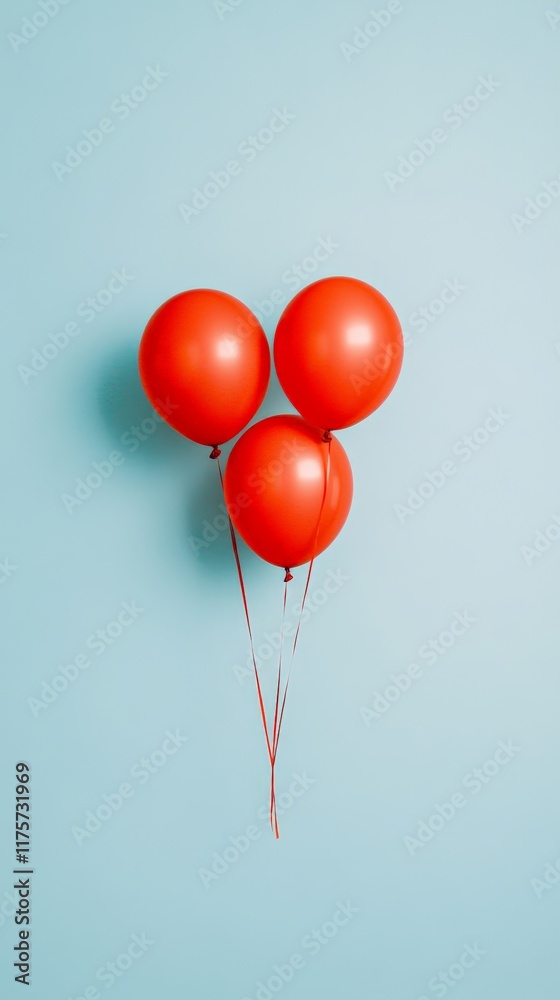 Poster Three red balloons attached to ribbons floating against a light blue background, creating a simple yet vibrant composition with a sense of levitation and joy