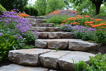 Stone Steps Ascending Through Vibrant Flower Gardens
