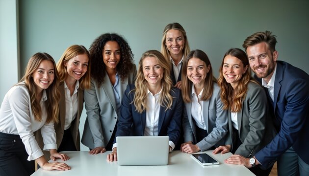 Diverse business team poses happily in office. Business people look confident, relaxed. In work setting. Team looks successful. Teamwork, collaboration evident. Group portrait at office. Pro group of