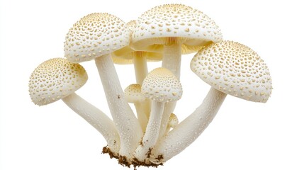 Cluster of white mushrooms with distinctive spotted caps.