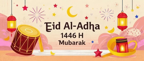 Eid Al-Adha 1446H Celebration Banner with Drums, Lanterns, and Celebration Decorations