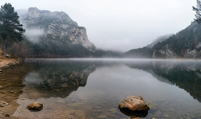 Misty mountain lake reflection, serene landscape, calm water, nature background, travel photography