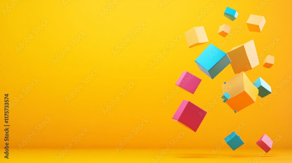 Poster colorful cubes of various sizes levitating against a vibrant yellow backdrop create a dynamic and pl