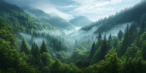Misty mountain valley forest sunrise. Scenic wallpaper