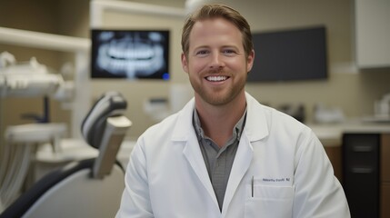 Obraz premium A portrait of an attractive male dentist in his late thirties, sitting in a chair.