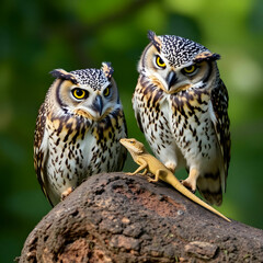 Obraz premium an owl catching prey with a small lizard in its talons