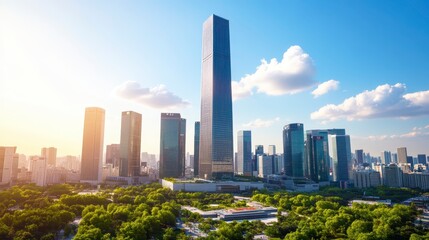 Fototapeta premium Modern Cityscape High Rise Buildings and Lush Green Park in Sunny Day