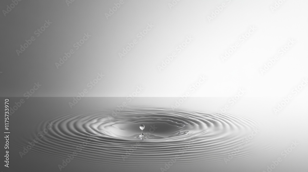 Poster perfectly formed droplet falling into still water, creating concentric ripples in a symmetrical patt