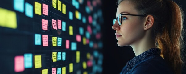 Business management team analyzing digital kanban board in modern office technology environment