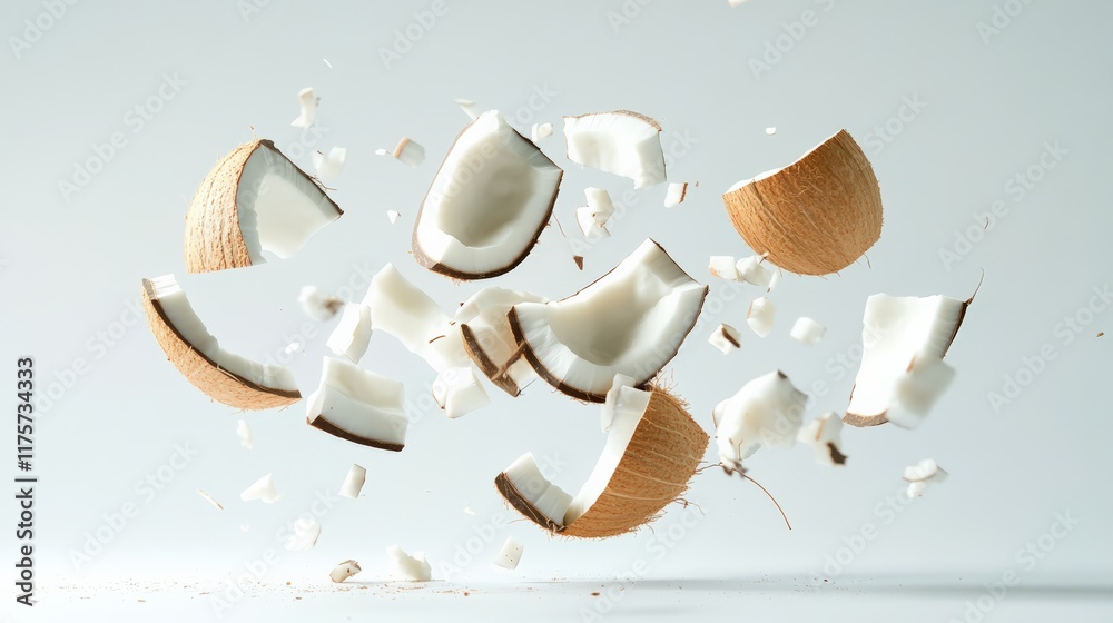 Poster pieces of fresh coconut bursting and levitating against a pristine white background, creating a vibr