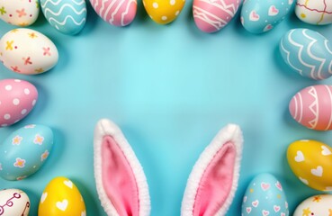 Pastel blue background with colorful easter eggs. Cute bunny ears in center. Easter party concept for spring. Flat lay composition. Perfect for invitations cards, decorations. Children love.