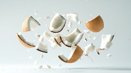 Pieces of fresh coconut bursting and levitating against a pristine white background, creating a vibrant and energetic visual that captures the essence of tropical refreshment