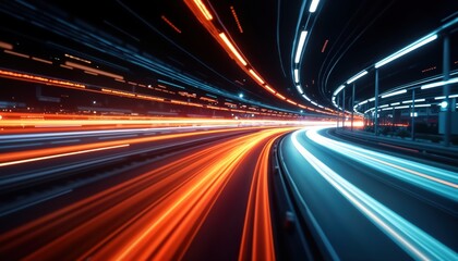 Abstract urban road scene at night. Light trails from fast-moving vehicles create dynamic streaks of orange, light blue. Road curves through tunnel-like structure. High-speed motion, data transfer