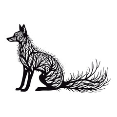 Cute silhouette fox branches black vector illustration
