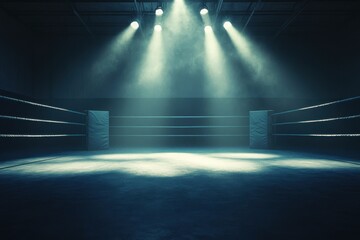 Empty boxing venue in darkness, illuminated by a lone beam of light. Athletic space