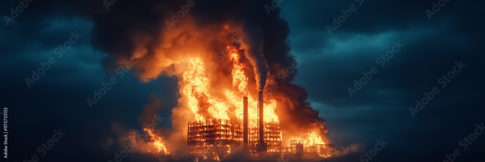 Poster huge flames engulfing an industrial building at night, creating a dramatic scene of destruction and 