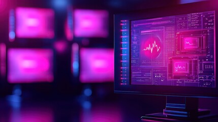 Futuristic Neon Pink Data Monitoring System on Computer Screen
