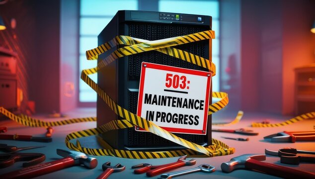 Server tower wrapped in caution tape with a 503 Error. Maintenance in Progress sign. Tools scattered around. Concept for website maintenance or server downtime messages