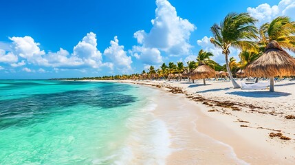 Naklejka premium Idyllic Tropical Beach with Turquoise Waters and Swaying Palm Trees