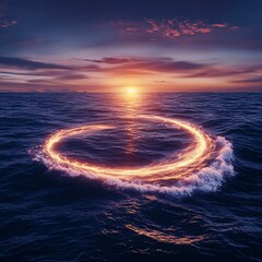 A glowing sun rises over digital ocean, creating fiery circle on water. scene evokes sense of wonder and tranquility