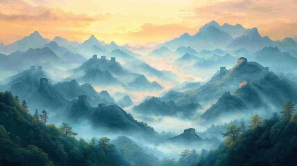 Fototapeta premium Misty Great Wall of China at Sunrise