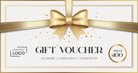 Naklejka premium Luxury gift voucher. Stylish gift voucher with golden bow. Elegant template for gift card, coupon. Promo or flyer offer