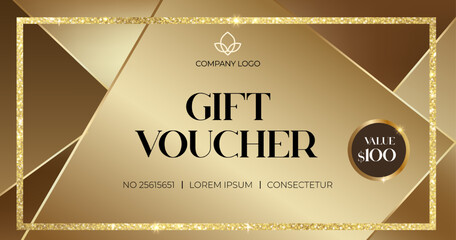Elegant gift voucher with golden elements. Luxury gift voucher. Template for gift card, coupon. Promo or flyer offer