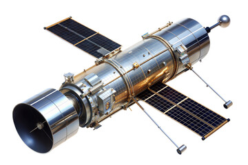 High-resolution transparent cutout of a space telescope showcasing intricate design and solar panels in a vivid layout. Cut out