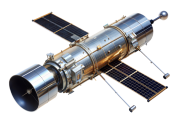 High-resolution transparent cutout of a space telescope showcasing intricate design and solar panels in a vivid layout. Cut out