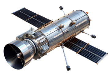 High-resolution transparent cutout of a space telescope showcasing intricate design and solar panels in a vivid layout. Cut out